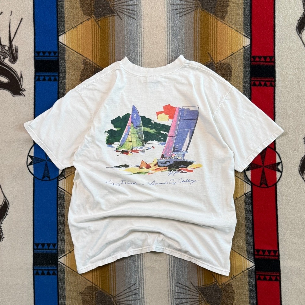 Vintage Gildan Virgin Islands America Cup Challenge Sailing T-Shirt White Large